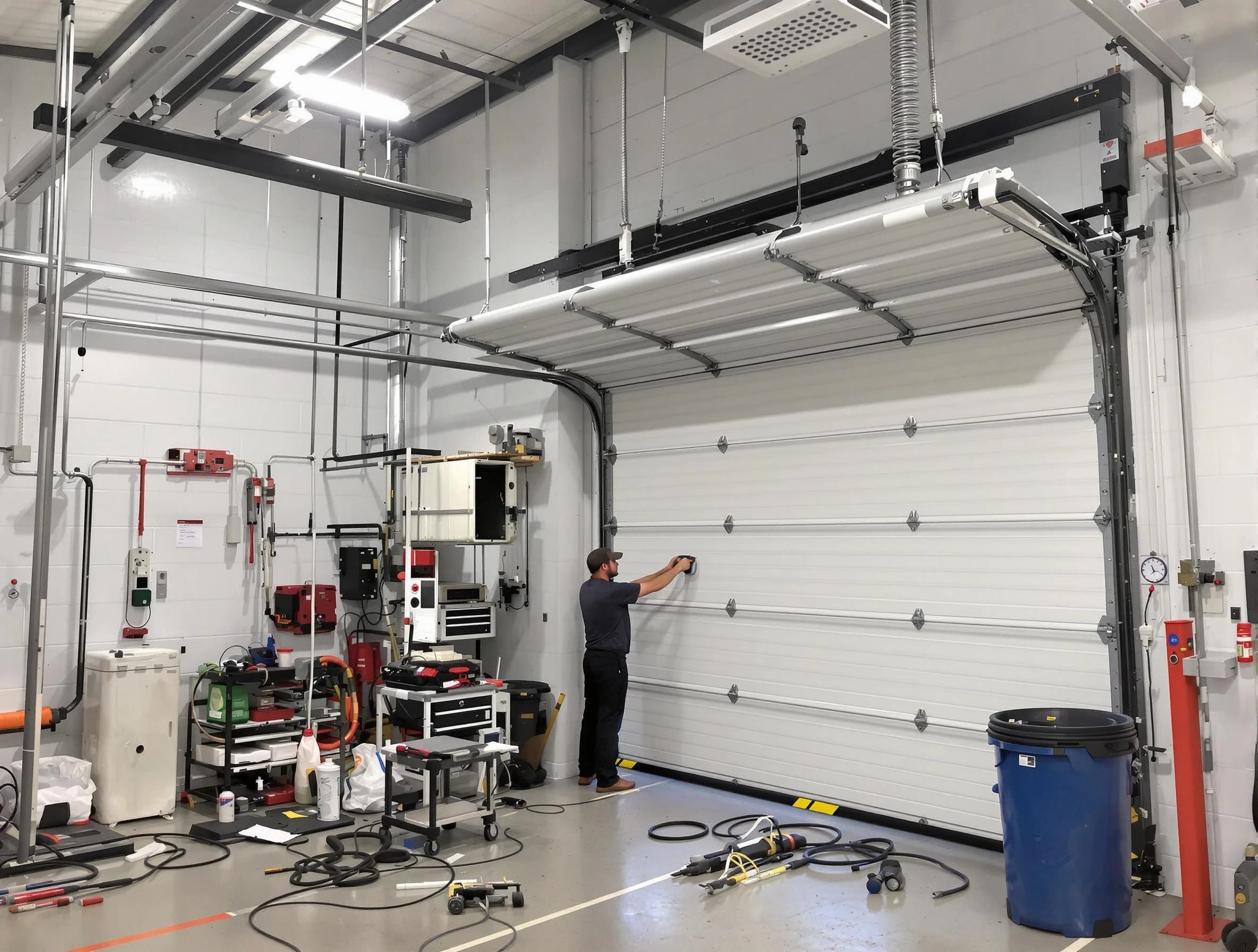 Manalapan Garage Door Repair certified technician performing commercial door repair at a Manalapan business facility