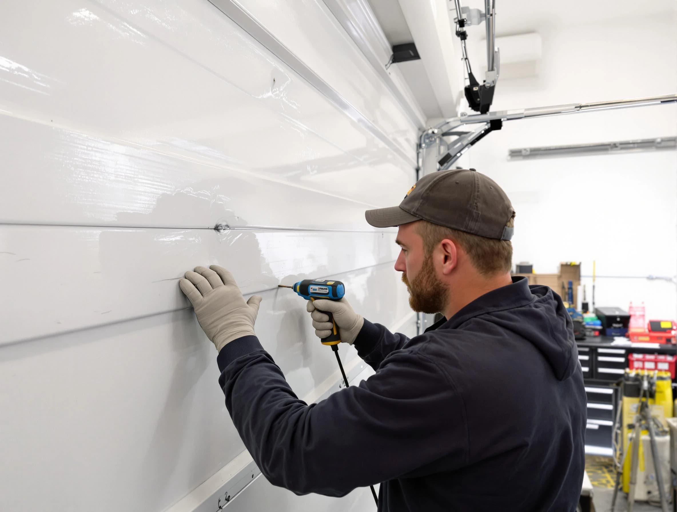 Manalapan Garage Door Repair technician demonstrating precision dent removal techniques on a Manalapan garage door