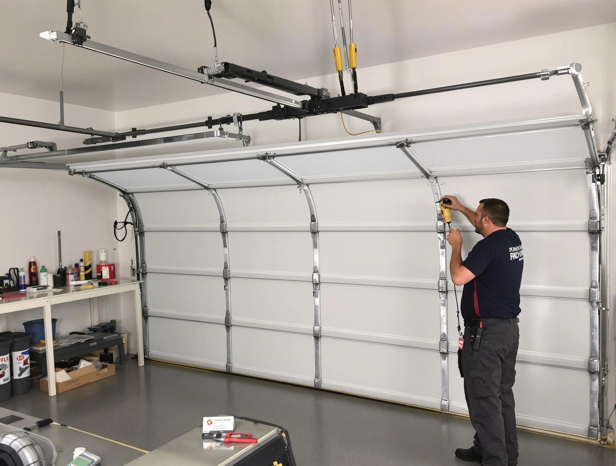 Manalapan Garage Door Repair certified technician performing overhead door system repair in Manalapan